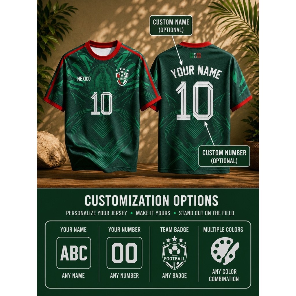 Verde escuro borda vermelha asteca virgem impressão camisa de futebol mexicana masculina de manga curta camiseta esporti