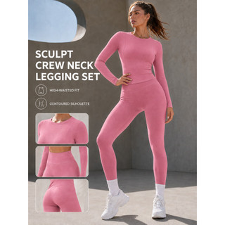 Conjunto de Duas Peças Thinkture para Mulheres, Conjunto Esportivo para Academia, Top Esportivo de Manga Longa com Decot