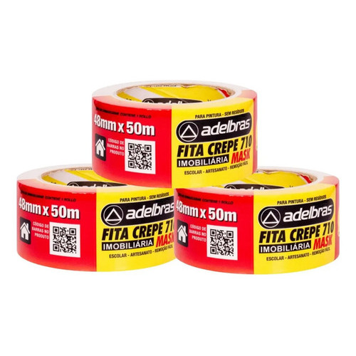 3 Uni Fita Crepe Larga Uso Geral Adelbras Branca 48mm X 50m Branco Liso Pintura Mascaramento Proteção Acabamento