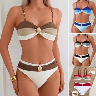 Conjunto de biquíni de cintura alta com design em blocos de cor, alças finas ajustáveis e detalhes metálicos. Modelo: RV