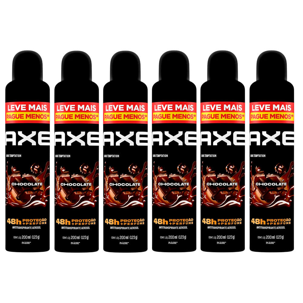 Kit Desodorante Antitranspirante Aerosol Axe Chocolate Dark Temptation 200ml - 6 Unidades