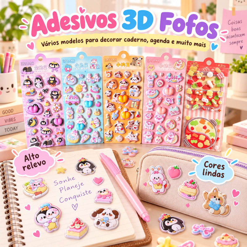 Adesivo 3D Squishy Bumbum Antistress Cartela Kawaii Fofinho Coelho Gatinho Panda ansiedade squish