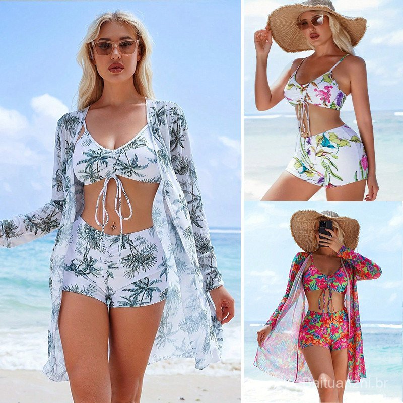 Conjunto de biquíni com estampa floral, calcinha de cintura alta e saia de praia, conjunto de verão feminino C5OZ.