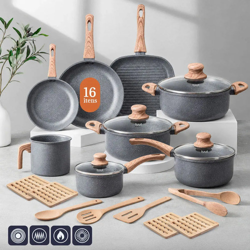 Jogo de Panelas Tuut Ecoglide com Grill – 16 Peças Antiaderente Cerâmica para Indução na Cor Granite