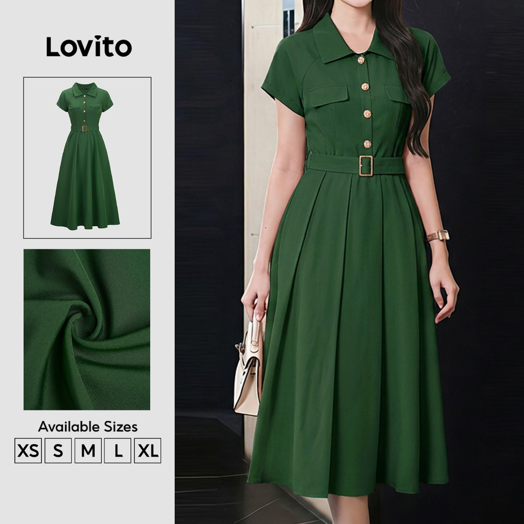 Lovito Vestido Elegante Com Fivela Metálica Plissada Primavera/Verão Verde Feminino DRK8P2D174