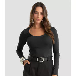 Blusa Feminina Manga Longa Em Cotton Leve Dianna Preto