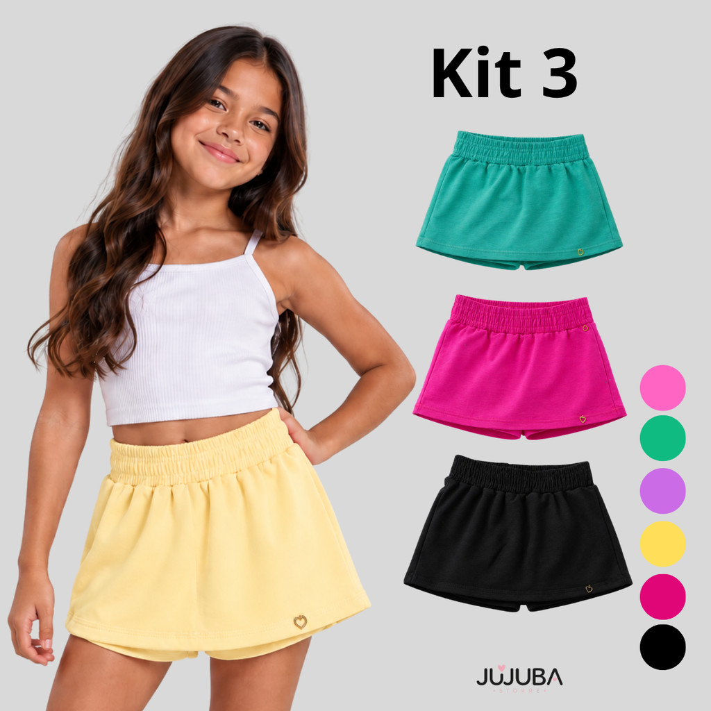 Kit 3 Short Saia Infantil Juvenil Algodão Premium Menina Tendência Feminino Blogueirinha Conforto Escolar verão 2 ao 14