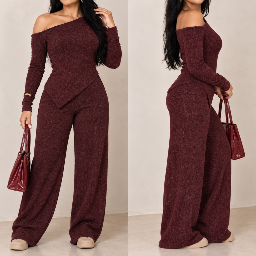 Conjunto Feminino Elegante Blusa Assimétrica e Calça Pantalona de Lã Canelada Casual Social Conforto Inverno Frio