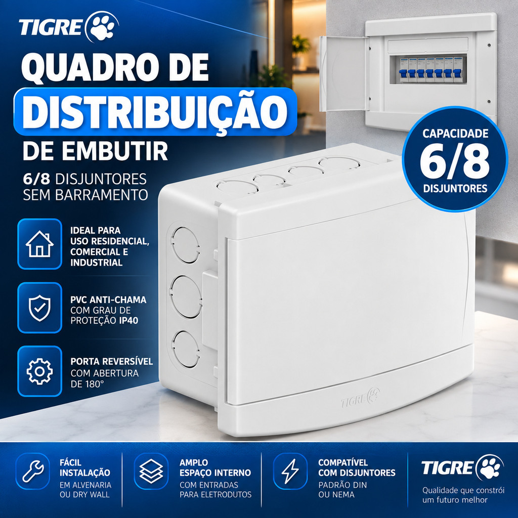 Quadro De Distribuição Caixa Embutir 6/8 Disjuntores Tigre Quadro Elétrico Obra Casa