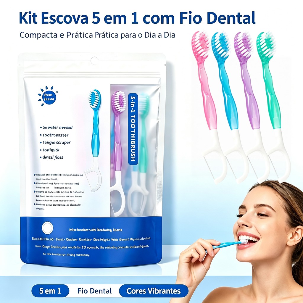 Kit Escova de Dentes de Viagem Descartável 5 em 1 com Pasta em Grânulos e Fio Dental 12 Unidades