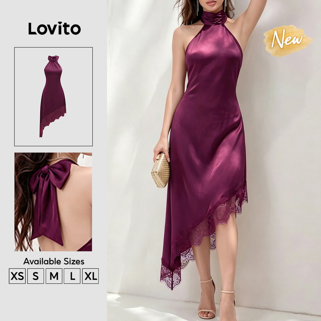 (New Arrival) Lovito Vestido Feminino Elegante Liso De Cor Sólida Com Amarração Assimétrico Longo E Evasê Bordô Para Trabalho Primavera/verão DRT205P2D047