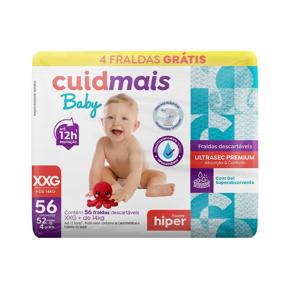 Fralda Infantil Cuidmais Baby Hiper XXG 56 Unidades