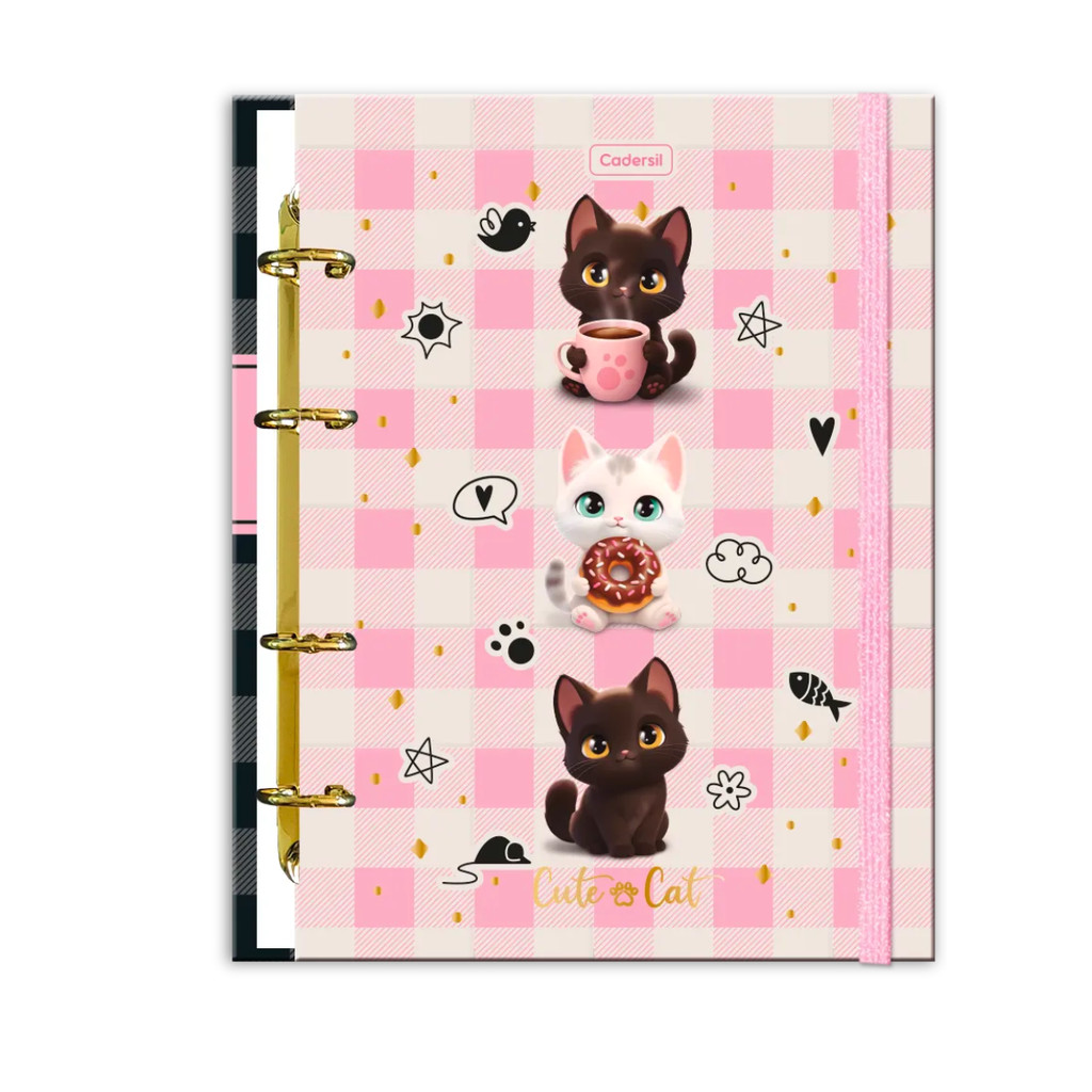 Caderno Argolado Colegial 80fls Cute & Cat - CADERSIL Capa:Cute & Cat Rosa