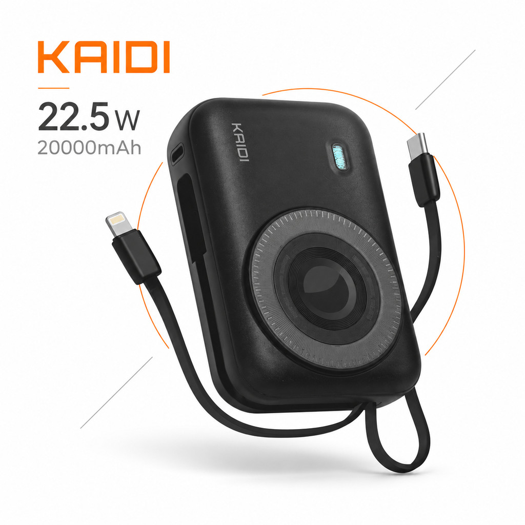 KAIDI Power Bank 20000mAh Magnético Sem Fio 15W, PD 20W / 22.5W Turbo, Cabos Embutidos Tipo-C e Lightning (PB-8915)