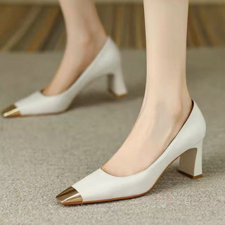 Francês único sapatos femininos salto grosso nicho Design Metal toe dedo do pé quadrado elegante boca rasa salto alto sa
