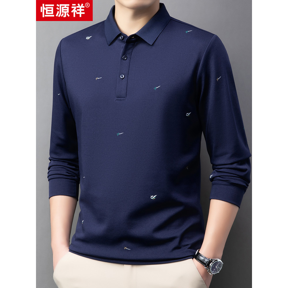 Hengyuanxiang camiseta masculina de meia-idade estampada de manga comprida lapela primavera outono negócios Casual solto