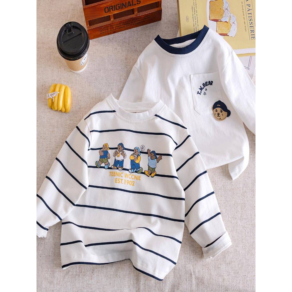 Crianças camiseta de manga comprida 2026 primavera outono novo estilo menino listrado topo dos desenhos animados urso be