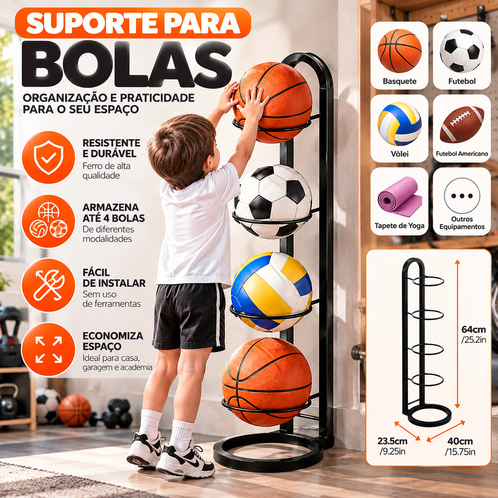 Suporte Armazenamento Bolas Basquete, Todo em Metal, Economiza Espaço, Organizador Esportivo