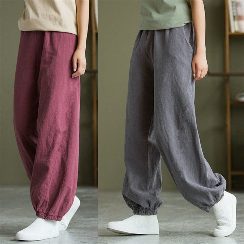 Moda Bloomers feminino 2026 verão novo estilo literário Retro solto calças casuais algodão linho verão calças à prova de