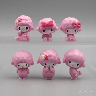 6 Pcs/Conjunto 3-3,5cm Figuras de Ação de PVC Kawaii Versão Q de Ovelha de Desenho Animado com Piano Rosa My Melody
