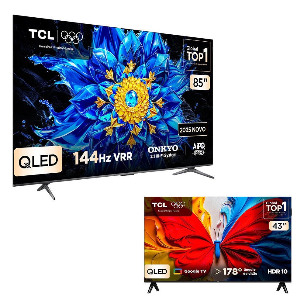 Combo Smart TV TCL 85 QLED 4K P8L 144 Hz VRR 85P8L e Smart TV TCL 43 QLED FHD S5K 43S5K