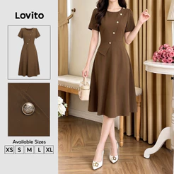 Lovito Vestido Elegante Assimétrico com Botão Frontal e Zíper Vestido Marrom Primavera/verão para mulheres DRB201P1D480