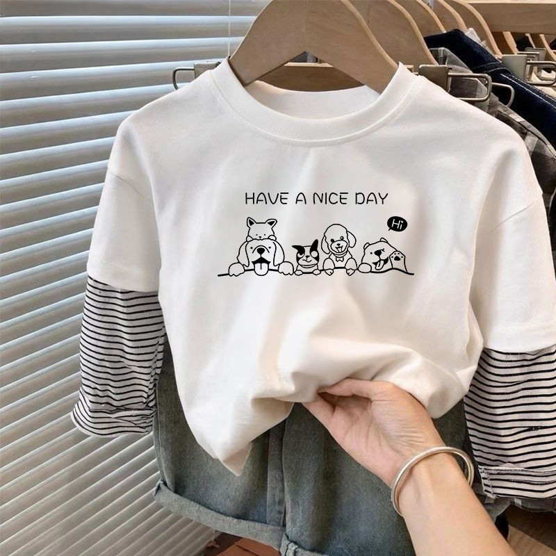 Meninos primavera outono roupas novo estilo moda manga comprida falso camiseta de duas peças topos médio pequeno criança