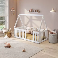 Mini Cama Montessoriana com Grade e Telhado Giulia Casatema MadeiraOriginals Branco Branco