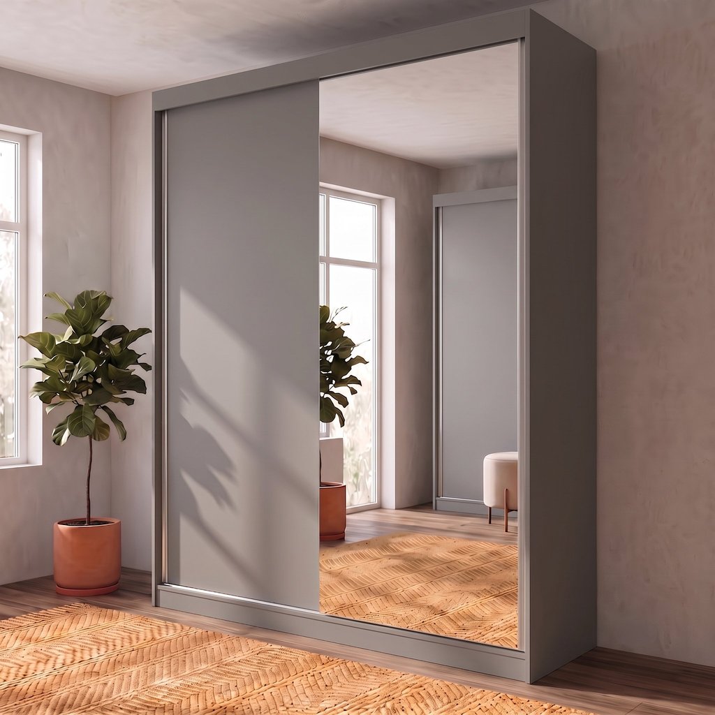 Guarda-Roupa Solteiro 2 Portas e 1 Espelho 100% MDF Geneve Cinza/Urbi Urbi