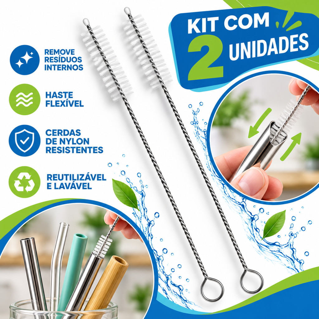 KIT 2 Escovas Limpeza Canudo Flexível 22cm Escovinha