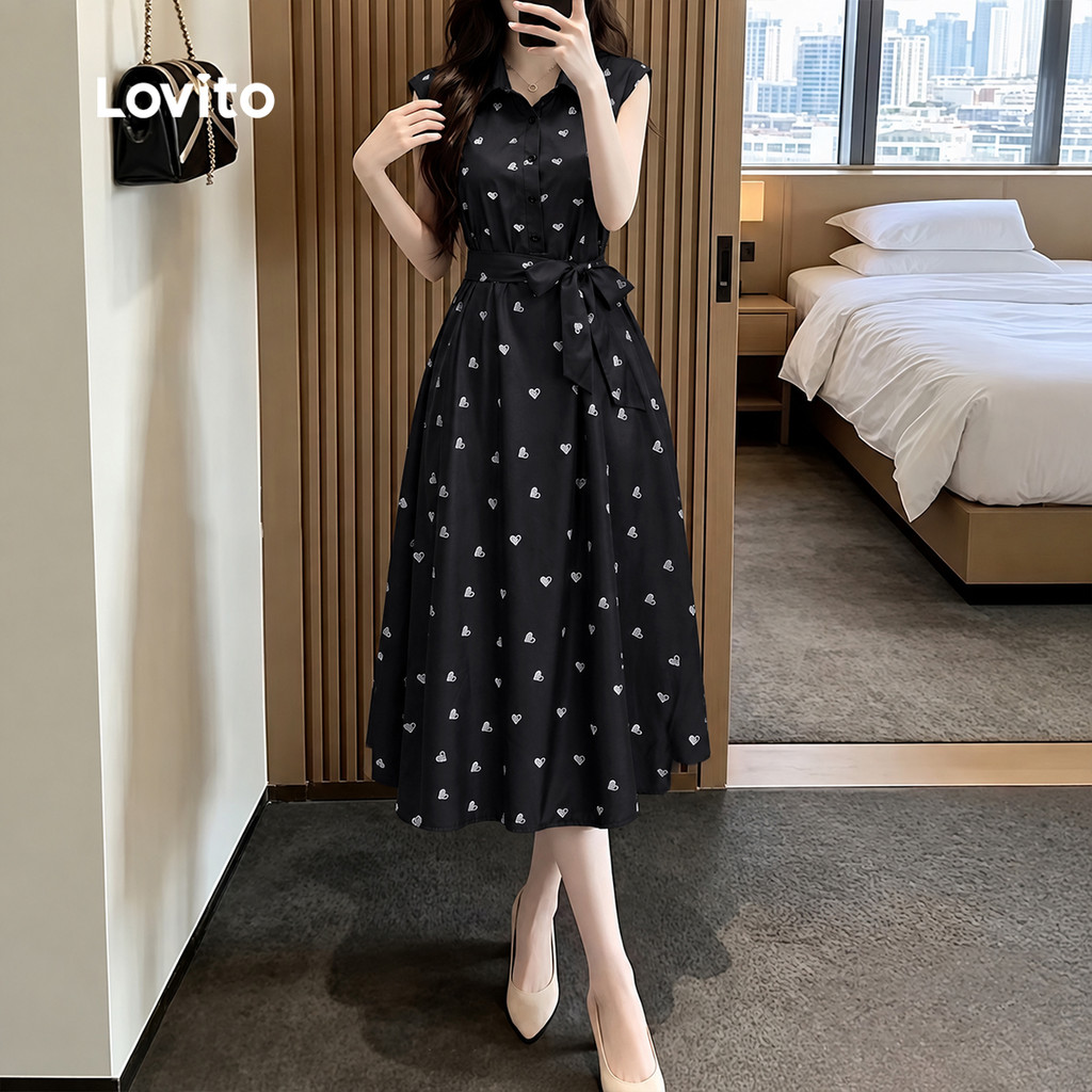 (New Arrival) Lovito Vestido Preto Feminino Floral Elegante Com botões Longo evasê Para Trabalho primavera/verão DRK10P1D1233 — imagem 2 de 2