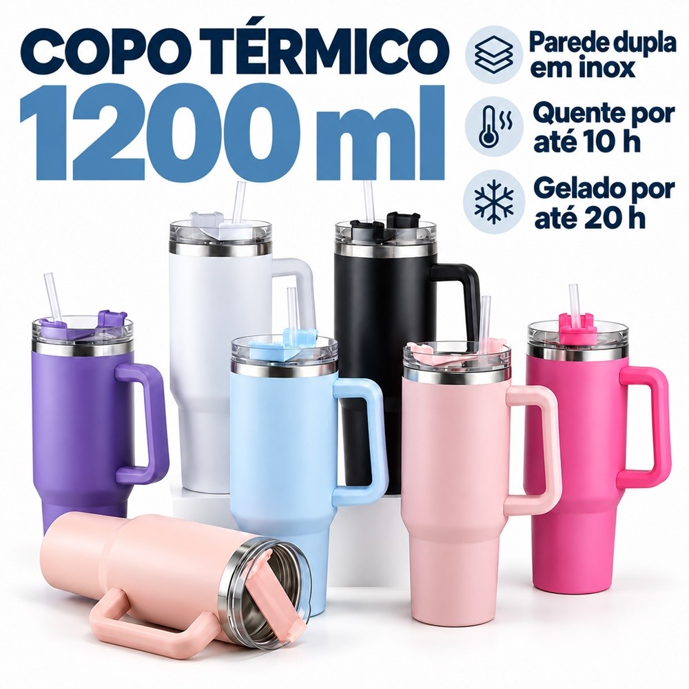 Copo Térmico Grande 1200ml Em Aço Inox Com Alça E Canudo