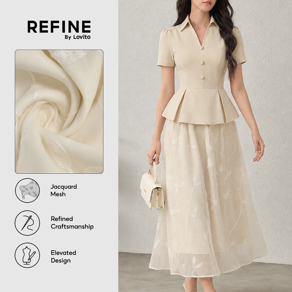 (New Arrival) (Refine by Lovito) Vestido Feminino Apricot Office Floral De Malha Jacquard Longo E Evasê Dupla Camada DRR43P1D043