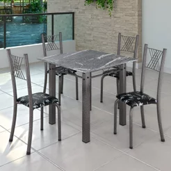 Conjunto de Jantar Mesa 70x70cm Tampo de Granito Topázio com 4 Cadeiras Sara Yescasa Prata/Preto Floral/Mart Preto