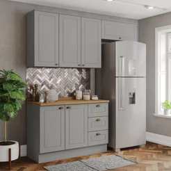 Cozinha Compacta Modulada 3 Peças 100% MDF com Tampo Americana Cinza/Nature Cinza/Nature