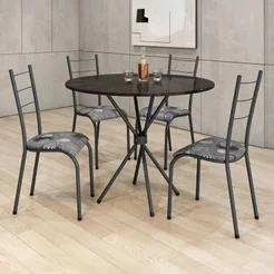 Conjunto Sala de Jantar Mesa Redonda com 4 Cadeiras Ardósia e Aço Kelly Prata Martelado/Patativa