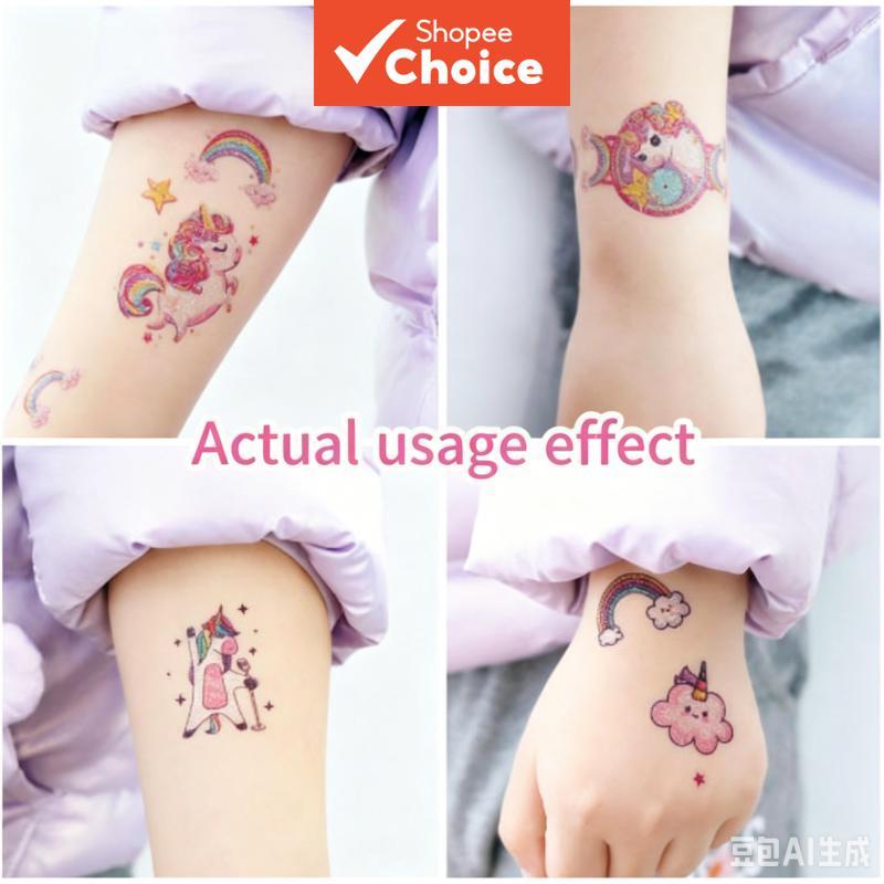 Para meninos e meninas, crianças: adesivos de tatuagem infantis com desenhos animados de unicórnio, sereia e dinossauro