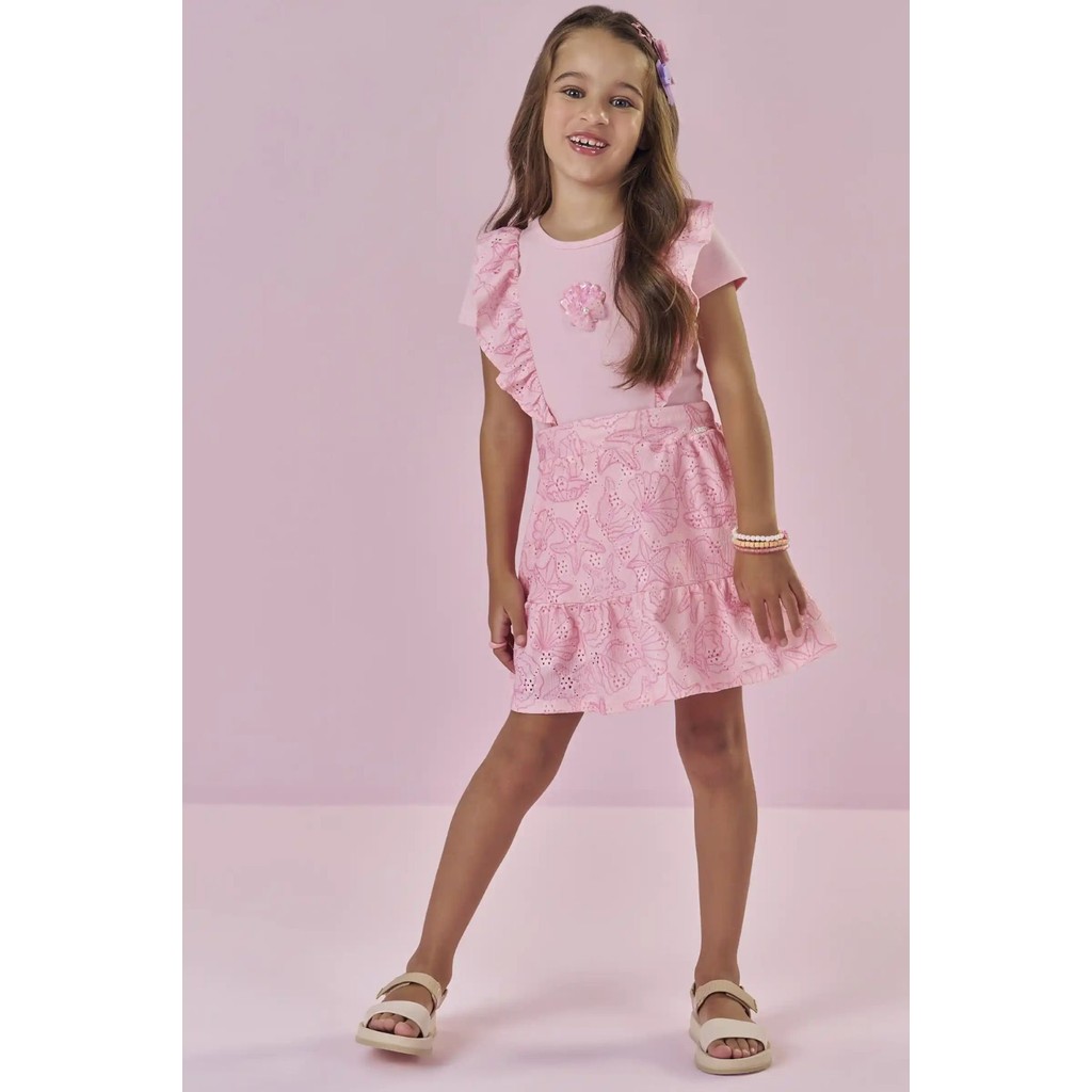 Conjunto Infantil menina Verão Blusa e Saia( com Shorts) em Laise Kukiê