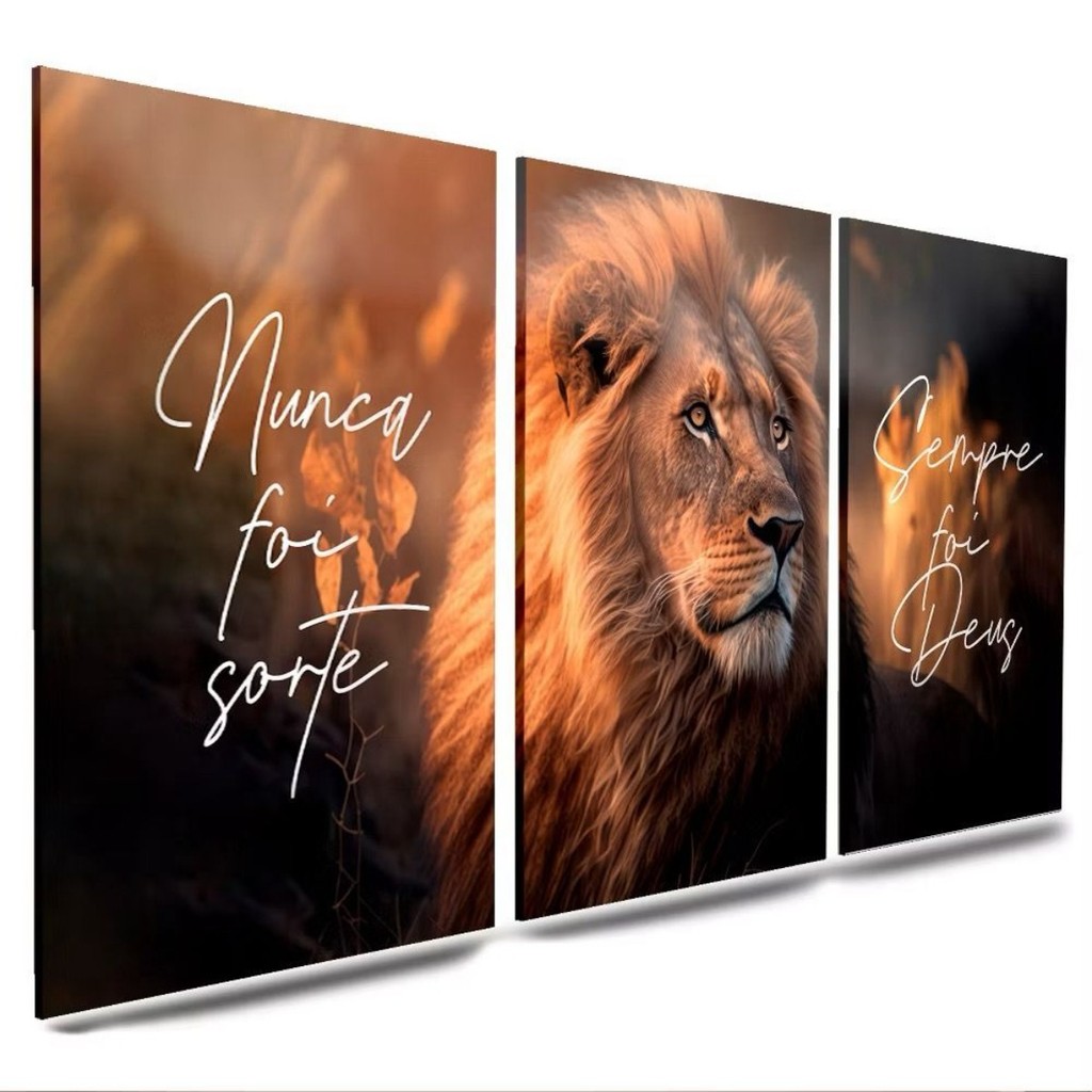 Quadro Decorativo Grande Leão de Judá – Frase “Nunca Foi Sorte Sempre Foi Deus” | Sala I Quarto