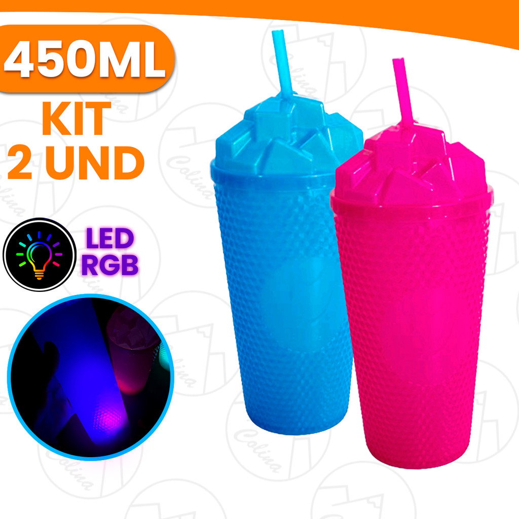 Kit 2X Copos Com Iluminação Led RGB Com Tampa e Canudo 450Ml Plástico Várias Cores Kolling Sell