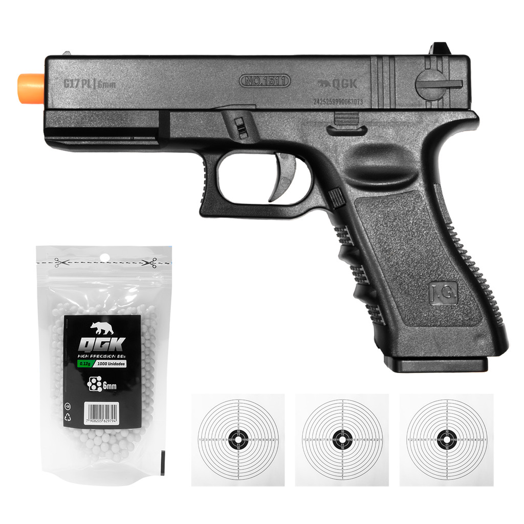 PISTOLA DE AIRSOFT SPRING QG17 PL 6MM QGK + 1000 BBS + ALVOS em Oferta na Shopee