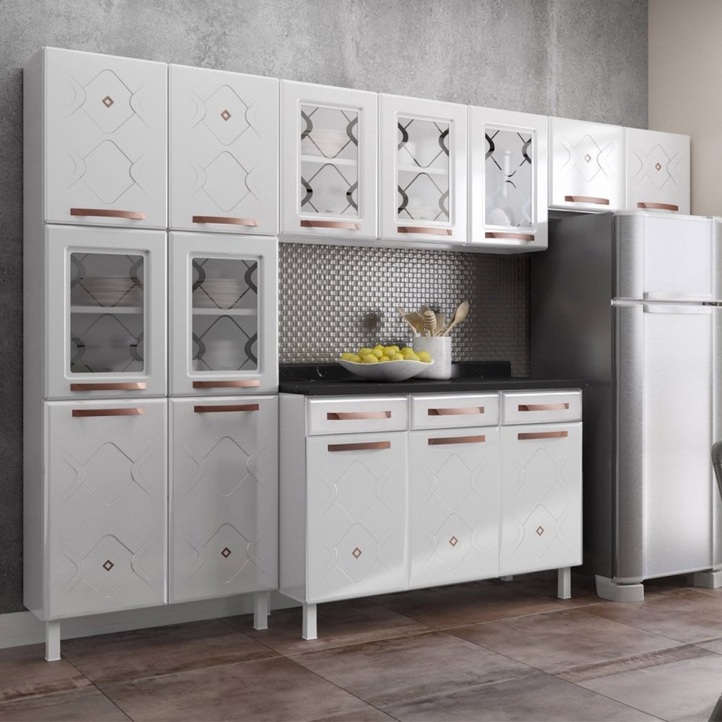 Cozinha Completa 14 Portas 3 Gavetas 5 Vidros Mirage New  Branco