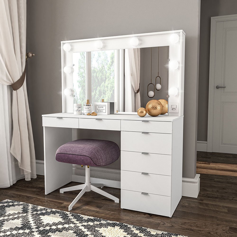 Penteadeira Camarim com Espelho 7 Gavetas e Tomada Diamante Espresso Móveis Branco em Oferta na Shopee