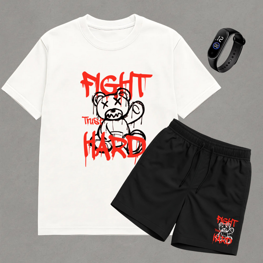 Conjunto Moda Praia Masculino – Camiseta Algodão + Short Tactel Secagem Rápida Estampa Urso Lutador+ Relógio