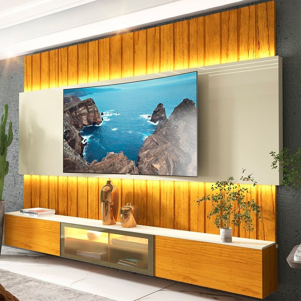 Estante Home para Tv até 90 Polegadas com Led 230cm Soberano Reflecta 100% MDF Naturale/Off White em Oferta na Shopee