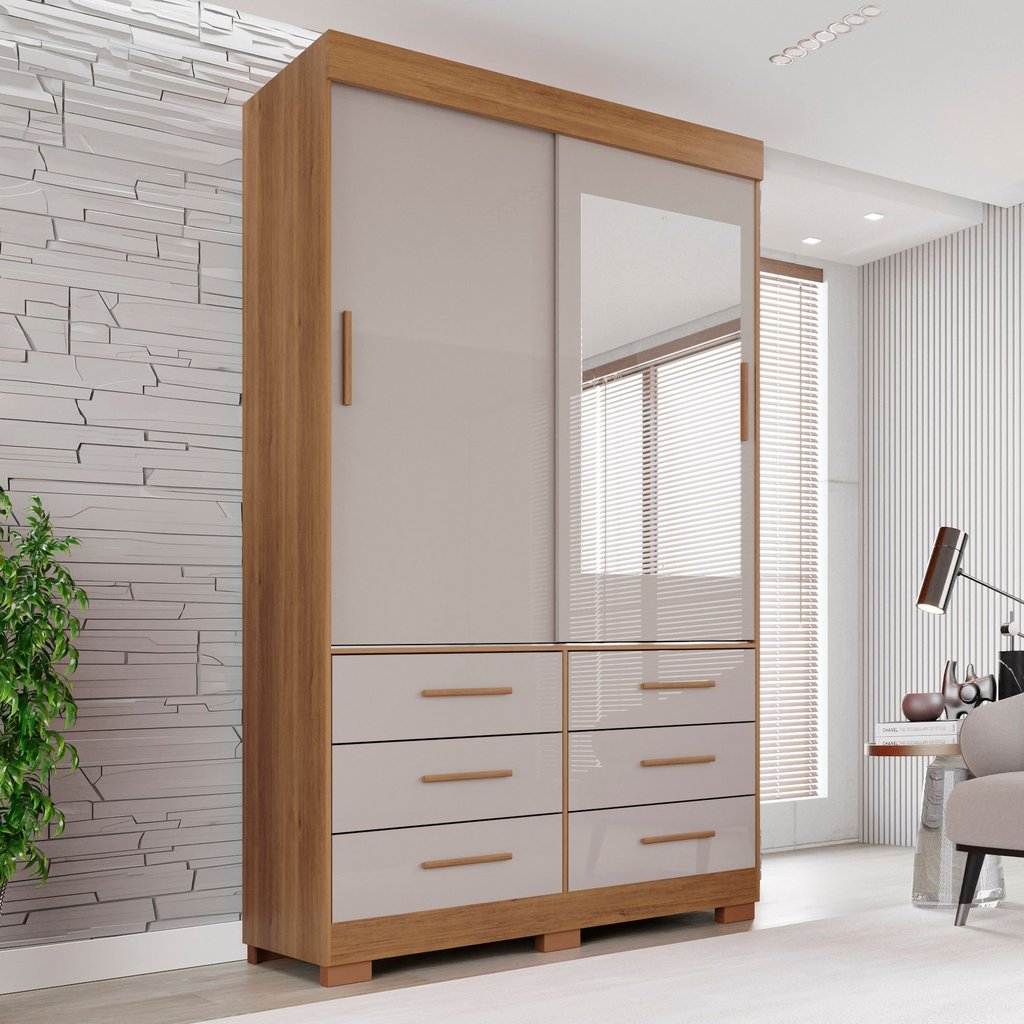 Guarda Roupa com Pés e Espelho 2 Portas 6 Gavetas Luana Cinamomo/Off White em Oferta na Shopee