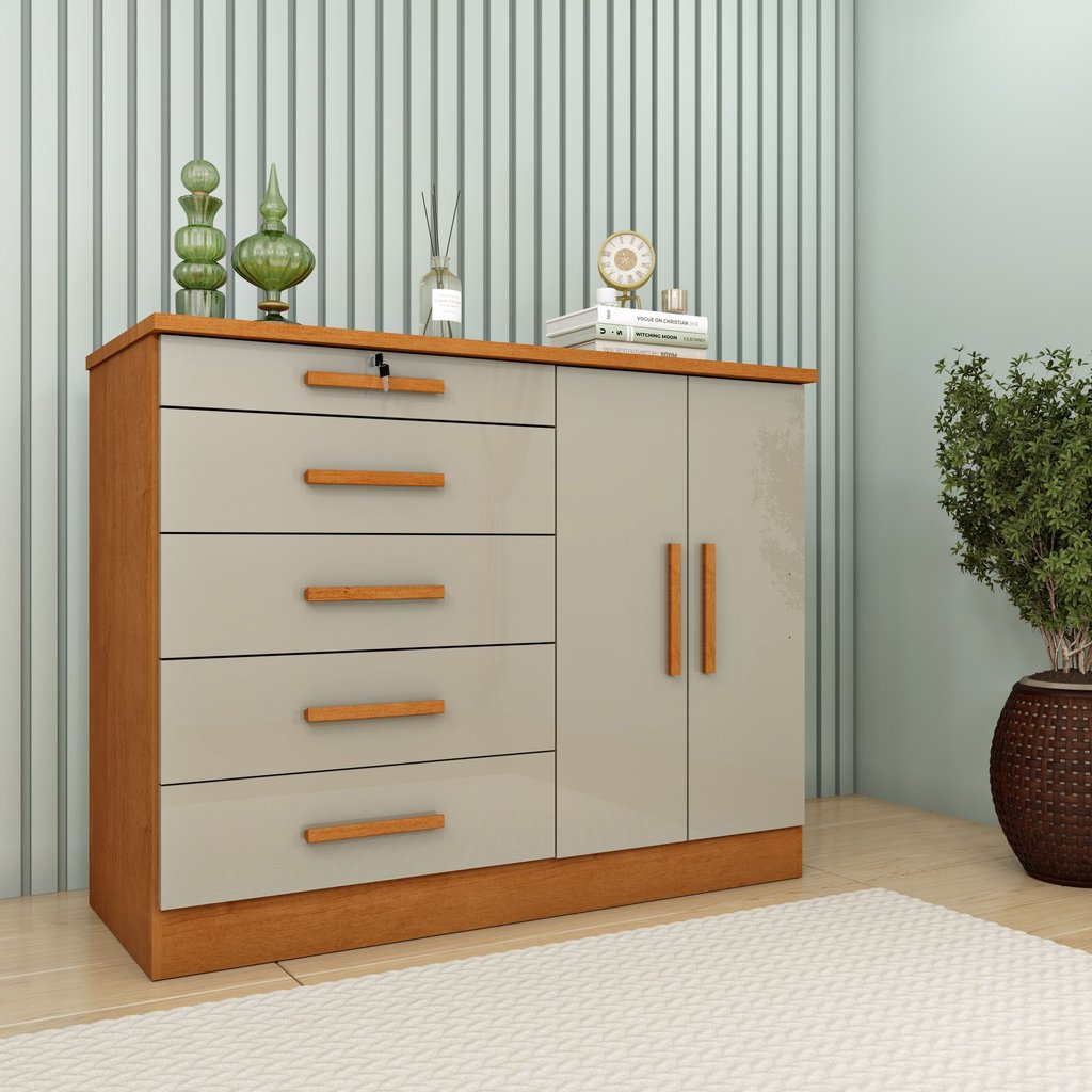 Cômoda 5 Gavetas 2 Portas 136cm Istambul Cinamomo/Off White em Oferta na Shopee