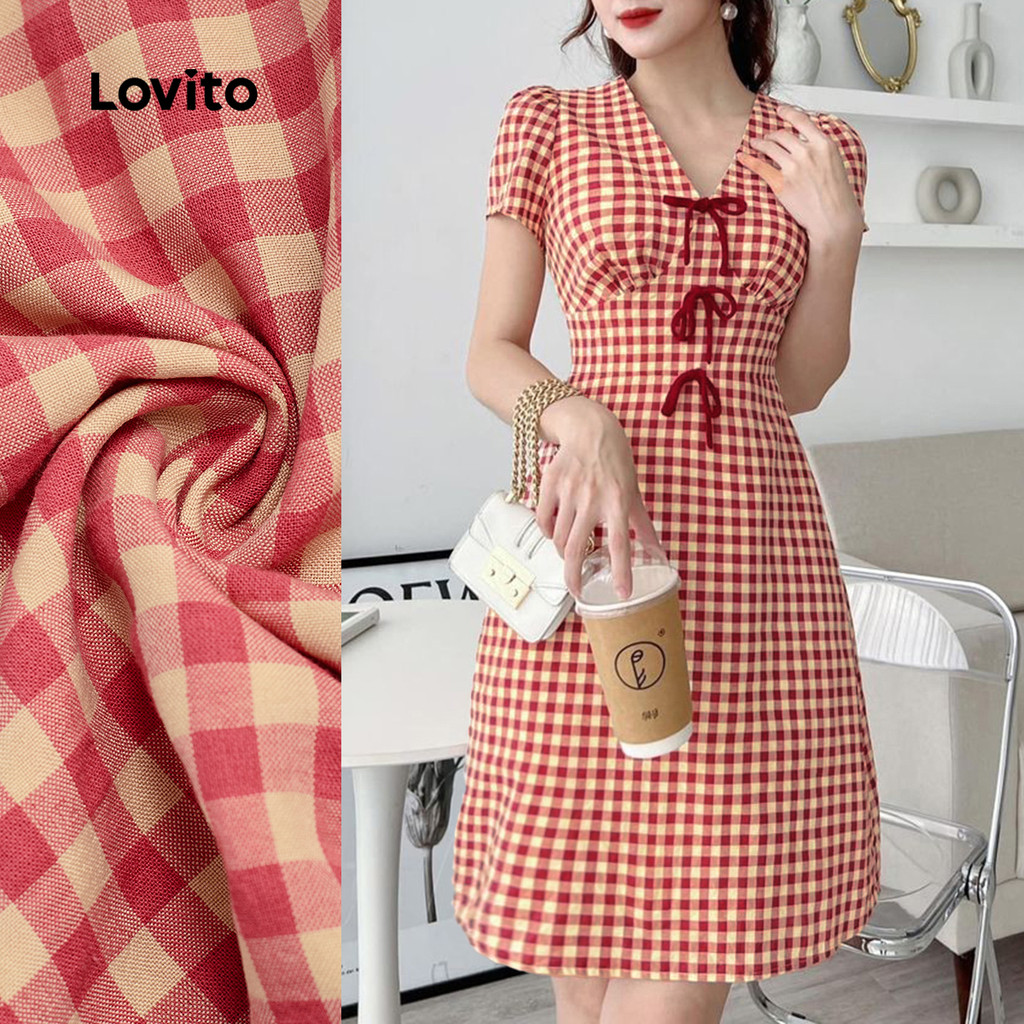 Lovito Vestido Elegante De Natal Com Laço Frontal Bloco Cores Primavera/verão Vestido Vermelho Para Mulheres L155ED725