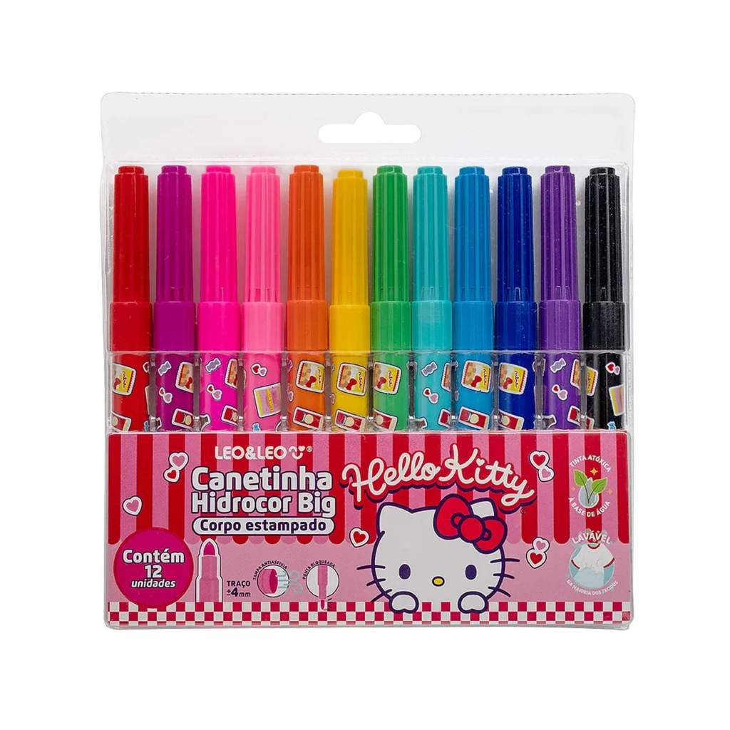 Canetinhas Hidrocor Big Corpo Estampado Hello Kitty - Estojo C/ 12 Und Leo&Leo - 10616 em Oferta na Shopee