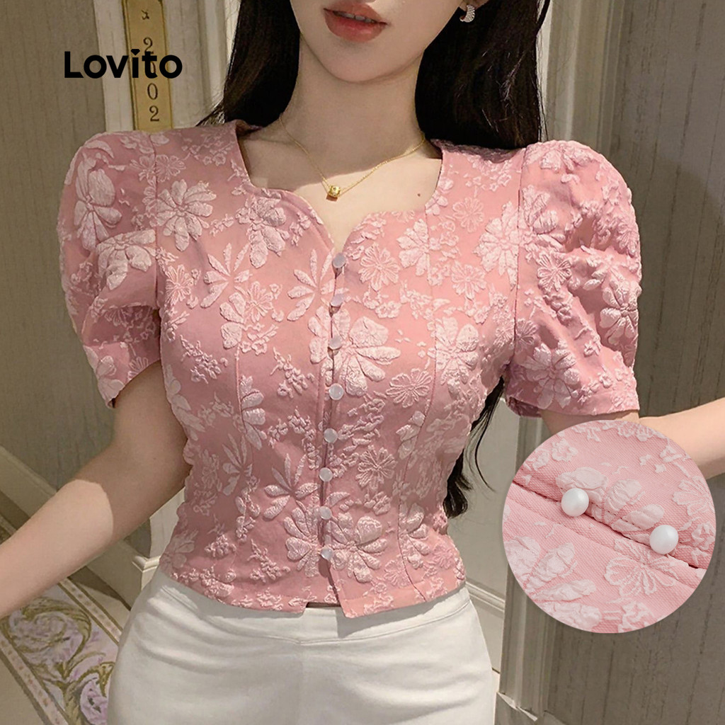 Lovito Blusa Elegante Jacquard com Franzido Primavera/verão Blusa Rosa para Mulheres L154ED293 em Oferta na Shopee